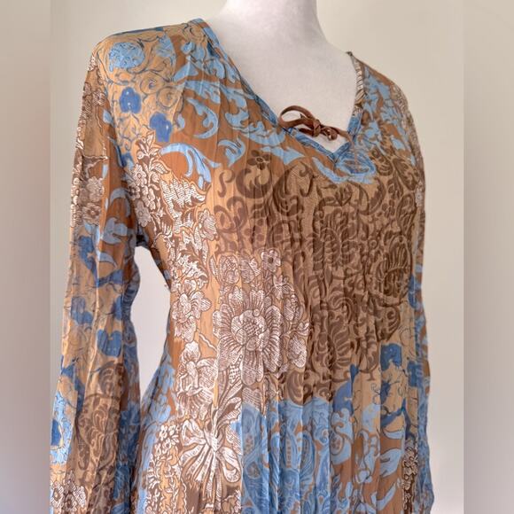 Light Blue & Brown Floral Print Semi-Sheer Accordion Pleated Long Sleeve Blouse - Picture 1 of 6
